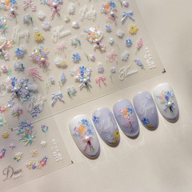 Flower Nail Art Stickers 5D Embossed Flowers Nail Decal Shell Light Exquisite Bow Flowers with Pearls Design Self-Adhesive Nail Supplies Colorful Bouquet Manicure Sliders for Women DIY Manicure