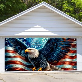 4th of July Patriotic Garage Door Decoration Background God Bless American USA Flag Veterans Day Independence Eagle Stars Stripes Flag Memorial Day Party Decor Banner Garage Door Cover 16X7FT