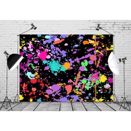 Loccor Fabric 6x4ft Neon Glow in The Dark Backdrop Colorful Graffiti Splash Paint Black Light Sleepover Party Photography Background Slime Happy Birthday Decorations for Kids Photo Shoot Props
