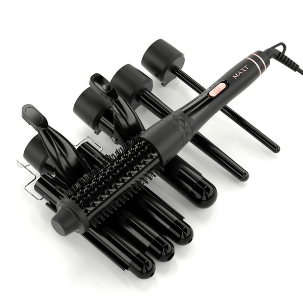 5 in 1 Hair Waver Curling Iron Wand,MAXT 3 Barrel Curling Iron Set for Long Short Soft Hard Hair, 30s Heat-up 5 Ceramic Hair Wand Curling Iron (0.3”-1.25”) with 2 Temps