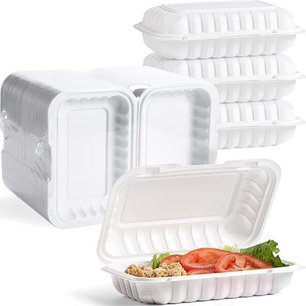 YANGRUI Clamshell Food Containers, Shrink Wrap 50 Pack 9 x 6 Inch 28 OZ Plastic Hinged To Go Containers Microwave Freezer Safe BPA Free Biodegradable Take Out Container