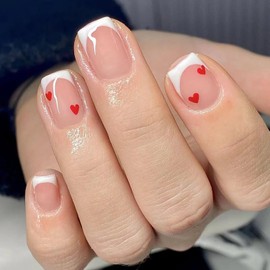 Vezocim Valentine's Day Press on Nails Short Square French Tips Heart Glossy Full Cover Coffin Acrylic Fake Nails with Designs Heart Reusable False Nails with Glue Stick on Fingernails for Women