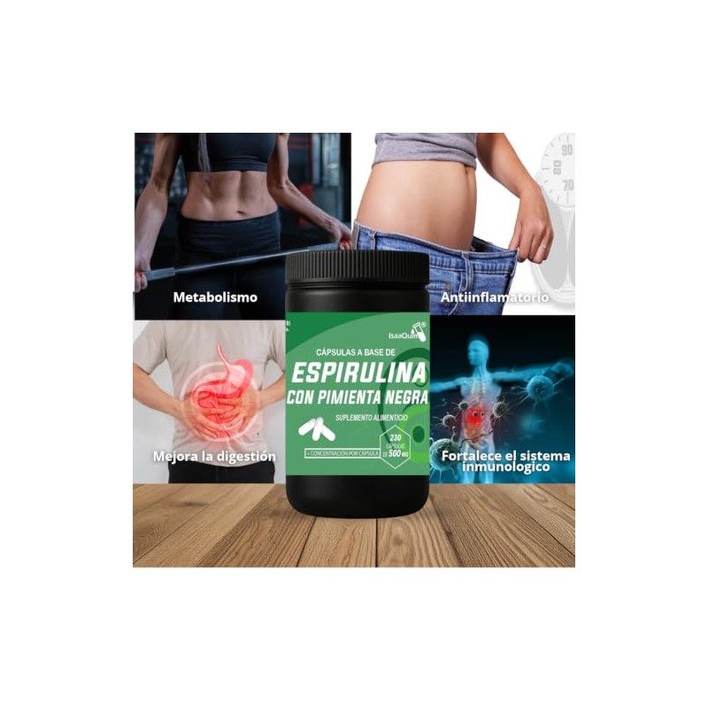 Espirulina Pimienta Negra Isaaquim 230 Cápsulas 500 Vitaminas Complejo Suplemento