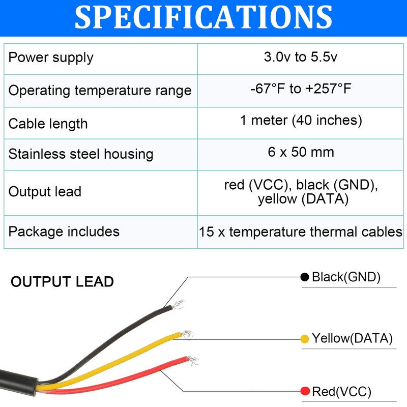 Weewooday DS18B20 1 m/ 3.2 Ft Digital Temperature Thermal Cable