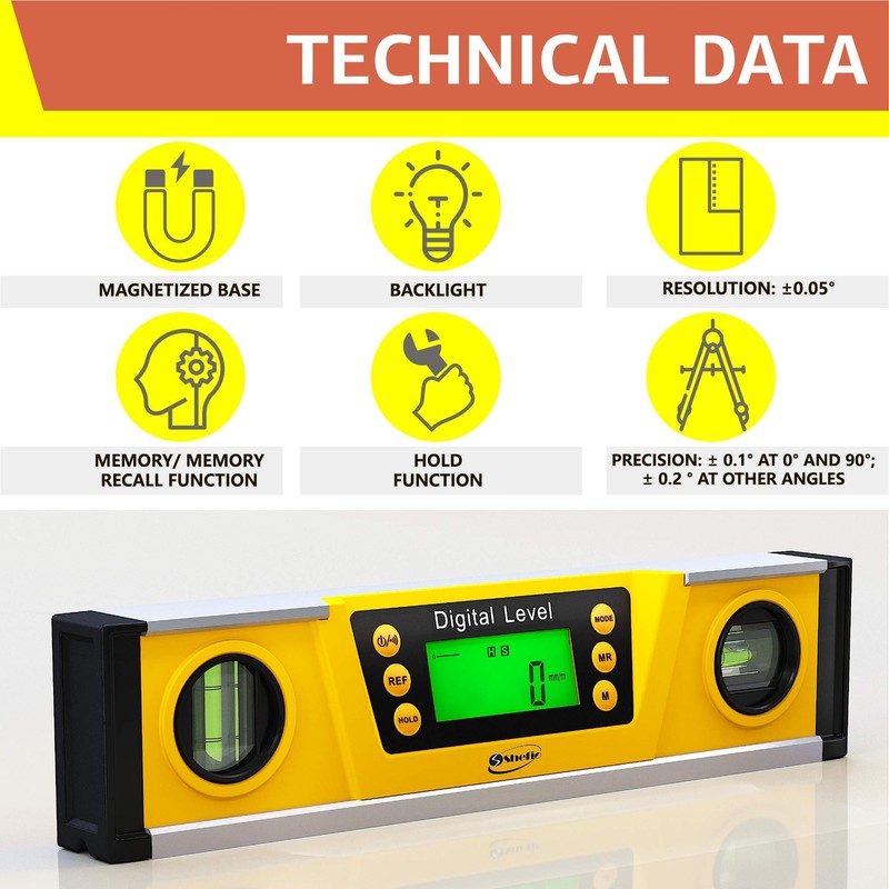 Shefio Digital Level - 10 Inch Torpedo Level And Protractor,