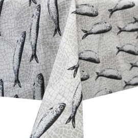 Pinheiro & Pinheiro, Lda Made in Portugal 100% Cotton Tablecloth - Stylish Cobblestone and Sardines Design - Portuguese Craftsmanship for Elegant Dining Décor (59" (1.5M) Round)