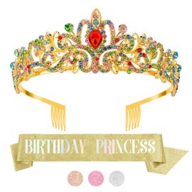 Gold Princess Birthday Set: Sash, Tiara, Crown, and Headband for Women and Girls, Perfect for Birthday Decorations
