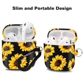 ALNBO Compatible with AirPods Case Soft Silicone Protective Case Cover for AirPods 2 & 1,Front LED Visible (Black Sunflower)