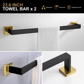 5-Piece Mattle Black and Brushed Gold Bathroom Hardware Accessories Set, Lava Odoro Bath Towel Bar Holder Set Towel Rack Set Stainless Steel Wall Mounted Bathroom Accessories Kit, 23.6 Inch