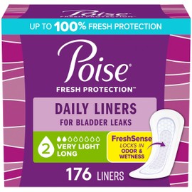 Poise Daily Liners, Incontinence Panty Liners for Bladder Leaks, 2 Drop Very Light Absorbency, Long Length, 176 Count of Pantiliners (4 Packs of 44), Packaging May Vary