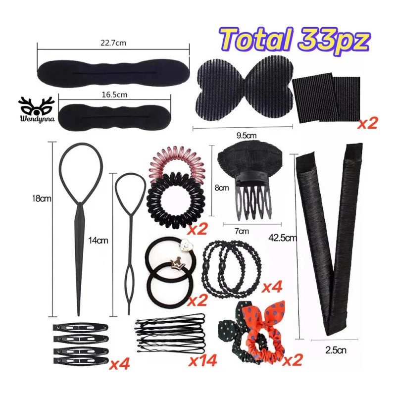 Kit Shaper Cabello Diadema Scrunchies Ligas Tiara Accesorios Negro 33pcs