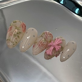 Vintage Flower Rose Chrome Hearts 5 Color Handmade Nail Tips - Almond-Short / 빈티지플라워 장미 크롬하츠 5컬러 수제네일팁 - 아몬드-숏