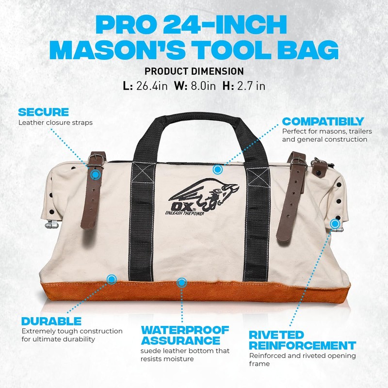 OX Tools 24 Inch Canvas Mason Tool Bag Canvas Utility