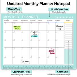 Phyxin Planificador sin fecha, 54 hojas de calendario en blanco, planificador de calendario mensual de 28.4 cm x 21.1 cm, planificador mensual sin fecha con páginas desprendibles y notas para mujeres