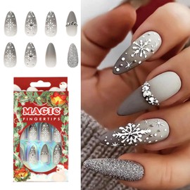 Valicaer Christmas False Nails,24Pcs Full Cover Fake Nails Xmas Snowflake Tip False Nails Glossy Fake Nails with Glue Removable Fingernails for Women Girls Nails Art Accessories