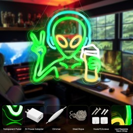 KHK Green Alien Neon Sign - USB Battery Powered LED Wall Sign for Game Room, Home Bar, Party, Bedroom & Man Cave Decor for Teens and Kids Lights Led Gaming for Boy & Girl Room Decor (11.8 * 11.8in)