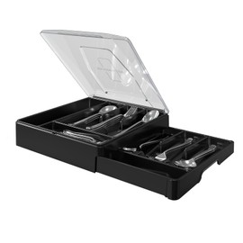 Veimry Double Layer Cutlery Tray with Lid, Utensil Holder for Countertop Cutlery Organiser for Kitchen Drawers with 2-Tier Cutlery Tray and 9 Compartments (Black)