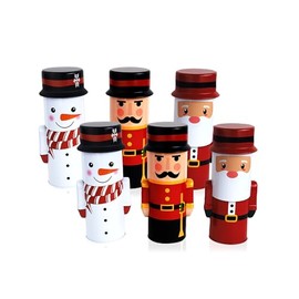 DAHO 6pc Christmas Characters Novelty Shaped Tin Canisters with Lid Nutcracker Snowman Santa, Cookie Candy Tin Containers for Storing Treat Chocolate Wrapping Party Favor Supplies (2set (6pc))