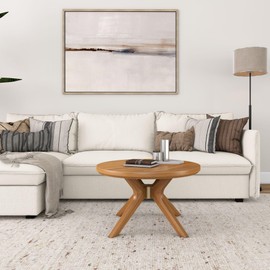 Plank+Beam Cross Leg Modern Coffee Table, 30 Inch Wood Coffee Tables for Living Room, Round Center Table, Cocktail Table for Small Spaces, Pecan