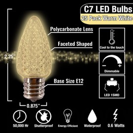 MIK Solutions C7 LED Bulb (Pack of 25) Warm White Replacement Christmas Light Bulbs Faceted Retrofit Candle Shape Commercial Grade E12 Socket Roof Lights Bulbs
