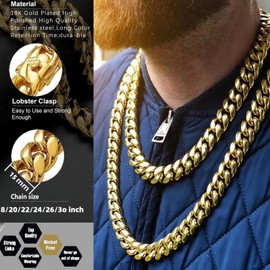 ROWIN&CO Mens 15mm Miami Cuban Link Chain 18k Gold Stainless Steel Curb Necklace for Men & Women, Hip Hop Jewelry, Available in 18"-30", Cuban Gold Chains, Includes Gift Box