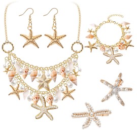 Pack of 6 Mermaid Accessories for Women, Starfish Shell Necklace, Bracelet, Earrings, Hair Clip, Mermaid Shell Jewellery, Hair Jewellery, Stainless Steel
