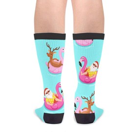 Christmas Blue Green Santa Pink Flamingo Deer Fun Colorful Novelty Graphic Crew Tube Socks For Men Women
