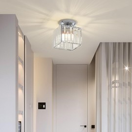 Modern Crystal Ceiling Light, E27 Mini Crystal Ceiling Light, Silver Square Crystal Chandelier, for Hallway, Living Room, Bedroom, Kitchen, Entrance Lamp (Silver)