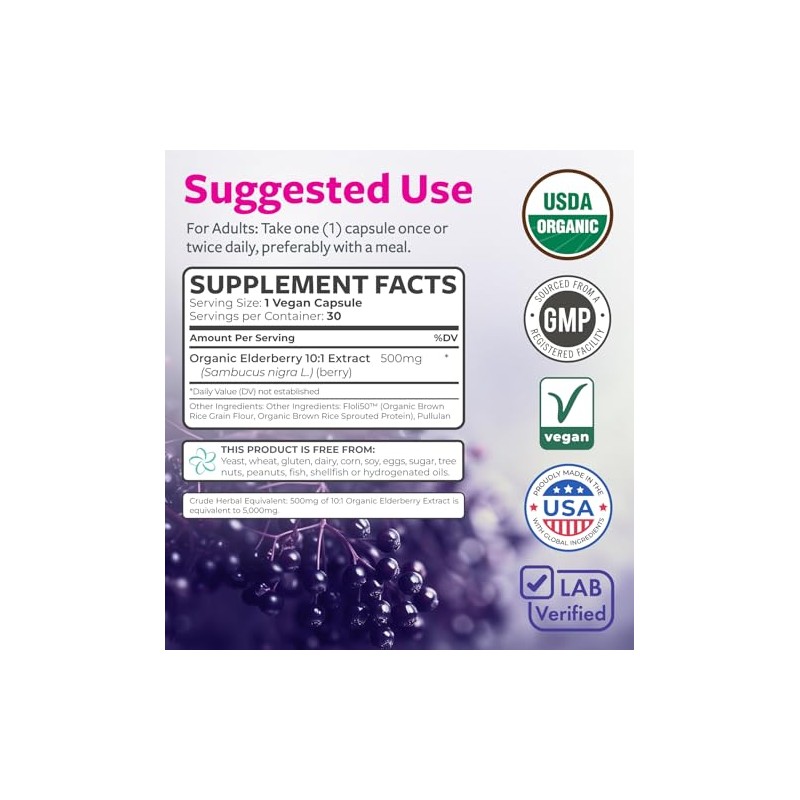 PURE CO Organic Elderberry 10:1 Extract 500mg Per 1 Capsule