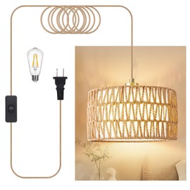 Beser·Win Plug in Pendant Light Rattan Hanging Lights with Plug in Cord, Woven & Fabric 2 in 1 LampShade, Hanging Lamp Plug in for Bedroom Living Room Kitchen Island (Bulb Included)