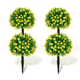 Daifunli 2 Pcs 28 in Artificial Boxwood Double Ball Fake Topiary Tree with Flowers Outdoor Plants, UV Resistance Faux Shrub Realistic Bush Greenery Potted for Indoor Garden Yard Porch Decor(Yellow)
