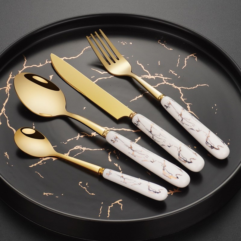 SensiSel 16 Piece Ceramic White Handles and Golden Plated Stainless