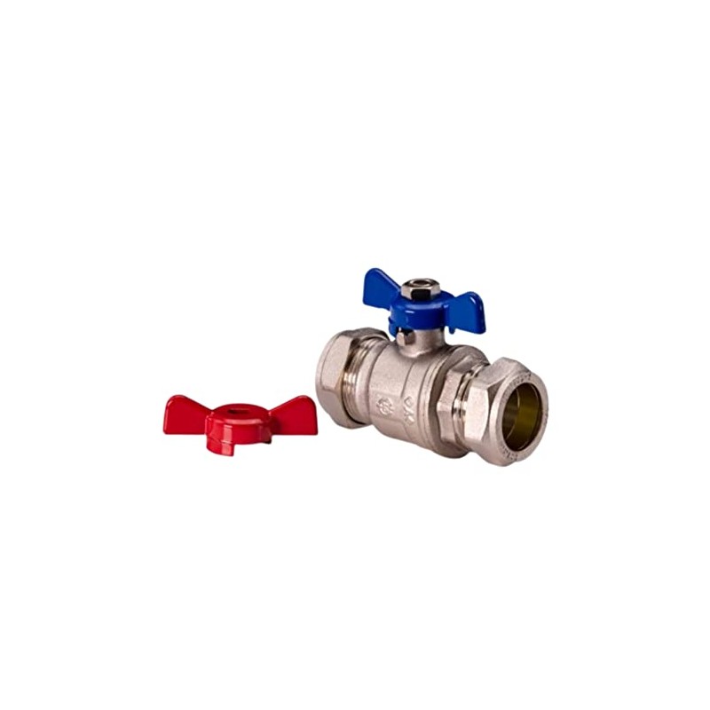 Butterfly Ball Valve 22mm Red & Blue Handle Compression Fitting