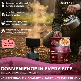 AlpineAire Foods Vanilla Peach Crumble 4.51 Oz Freeze-Dried Dessert, 550 Calories, 10g Protein, Ready-to-Eat, Made in USA, Resealable Pack, 5-Year Shelf Life Perfect for Outdoor Adventures Pack of 1