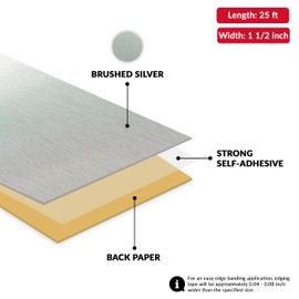 Brushed Silver PVC 1 1/2 in x 25 ft Edge Banding Peel Stick Tape Adhesive Metal Edging Veneer Aluminum Trim Flexible Strip Molding Mdf Wood Cabinet Laminate Shelf Furniture Countertop Formica Plywood
