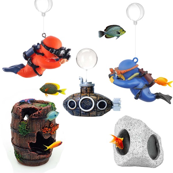 ASTRIXYZ Floating Fish Tank Decorations - Cute Diver, Retro Submarine,