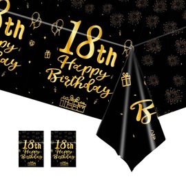 2pcs Black Gold 18th Table Cloth,Happy 18th Birthday Tablecloth for Boys,Girls,Men 18th Birthday Table Decoration,137 * 274cm Plastic Tablecloths Table Cover 18th Birthday Decorations for Him Her