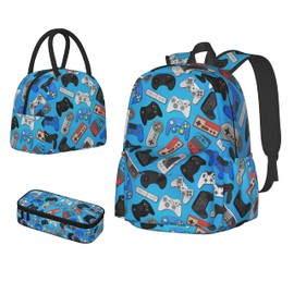 Oplp Colorful Video Game Controller Background Large Capacity Backpack Lunch Bag Pencil Case Combination 3 Piece Set