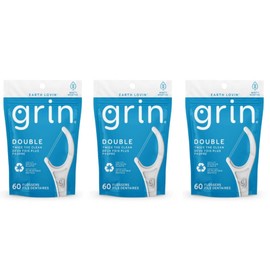Grin Dental Floss |3 Packs of 60 (Double Twice The Clean Deux Fois Plus Propre), White, Total: 180, 1.0 Foot, 0.18 pounds
