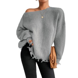 SKAYS Distressed Sweaters for Women, Drop Shoulder Sweaters for Women, Boat Neck Ribbed Knit Fringe Sweaters Grey M
