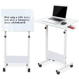 KOUPA Adjustable Height Standing Desk, Writable Tempered Glass Desktop with Eraser, 360° Flip, Wheels – Ideal for Small Spaces and Home Offices, 24 in, White(Adjustable Height: 32-47 in)