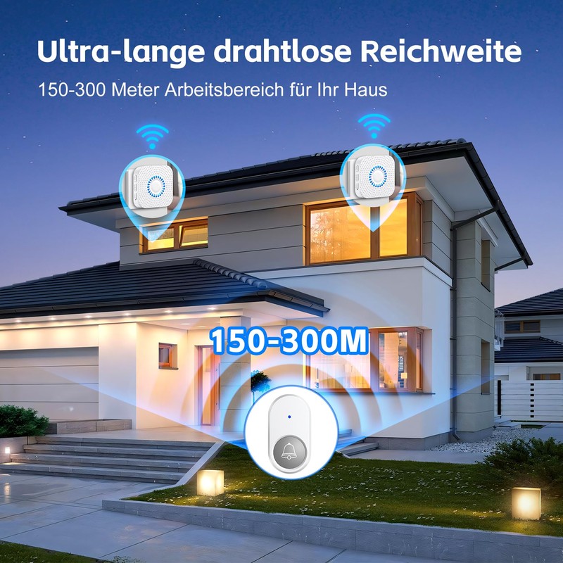 Görvitor Wireless Doorbell, 300 m Range, Wireless Bell, Outdoor Waterproof