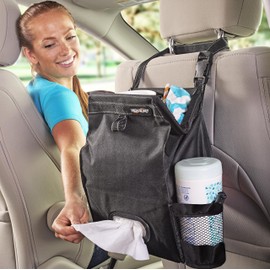 High Road Car Organizer with Car Trash Bin and Tissue Holder - Holds Full Size Tissue Box, Bottles and Wipe Containers - 2 Gal Leakproof Covered Trash Can with Push-Close Lid