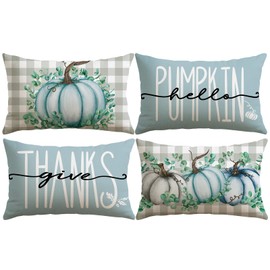 Fall Decorative Throw Pillow Covers 12x20 Inch Set of 4, Hello Pumpkin Give Thanks Buffalo Plaid Outdoor Farmhouse Pillow Cases for Home Sofa Couch-Light Blue