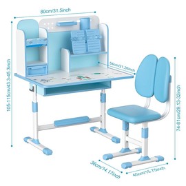 Student Learning Desk and Chair Set Pink/Blue Desk Set Height Adjustable with Drawers and Storage Compartments Desktop Cartoon Learning Desks Set - Color: Blue