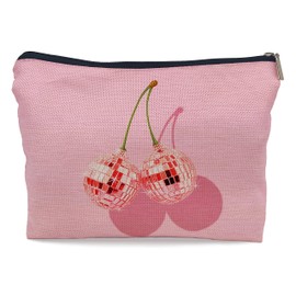 Ayxvt Blush Pink Preppy Glitter Cherry Disco Ball Cosmetic Bag Decorative Women's Makeup Bag Zipper Pouch Travel Toiletry,Gifts for Teen Girls