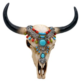 Southwest Cow Skull Wall-Decor - Rustic Tribal Bull Head Skull with Turquoise Stone 3D Resin Long Horn Faux bison Steer Buffalo Skull Wall Hanging for Home Office Room Wall Art Wall Ornament