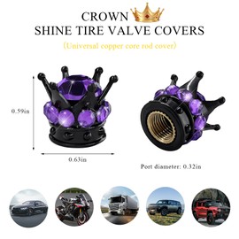 Gasedin 4 PCS Crown Tire Stem Valve Caps, Bling Rhinestone Crown Tire Copper Core Stem Valve Caps, Sparkling Crown Air Stem Caps Cover for Auto Bicycle Motorcycle, Car Accessories (Black & Purple)