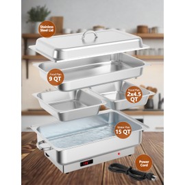 Electric Chafing Dish Buffet Set, 9QT Buffet Servers and Warmers Stainless Steel, Commercial Food Warmer with 1 Full-Size Pan & 2 Half-Size Pan, Temperature Control Display for Parties, Catering