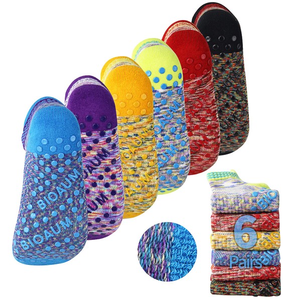 BIOAUM Yoga Socks for Women - 6 Pairs Cotton Cushion Non Slip Grip Slipper Pilates Hospital Socks, E_multicoloured, 6-11